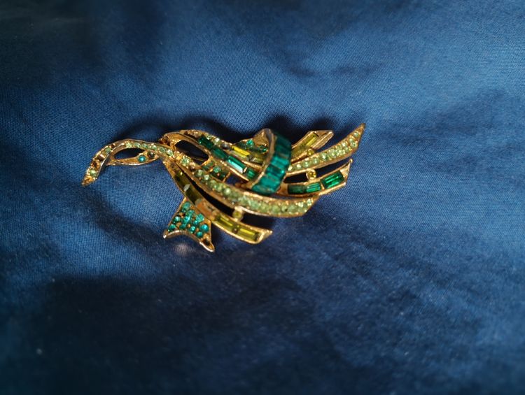 Original Art Deco Gold-Tone Brooch With Green And Clear Stones